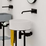 Axa MATE Umywalka stawiana na blat ∅ 40 cm z korkiem Click-clack i stelażem pod umywalką z półką Biały połysk/Czarny matt 7820001+AF0015+S7820007+R8050007