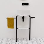 Axa MATE Umywalka stawiana na blat ∅ 40 cm z korkiem Click-clack i stelażem pod umywalką z półką Biały połysk/Czarny matt 7820001+AF0015+S7820007+R8050007