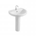 Axa Prime Umywalka ścienna 63x49 cm z postumentem i korkiem Click-clack z syfonem Biały połysk 444001+447001+AF0015+SI020