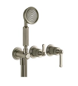 Gessi Venti20 Bateria natryskowa ścienna z przełącznikiem 2-drożnym, słuchawką i wężem element zewnętrzny finox brushed nickel 65036.149