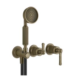 Gessi Venti20 Bateria natryskowa ścienna z przełącznikiem 2-drożnym, słuchawką i wężem element zewnętrzny antique brass 65036.713