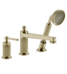 Gessi Venti20 Bateria wannowa 3-otworowa z przełącznikiem, wężem 1,5 m, słuchawką i wylewką brass brushed pvd 65037.727