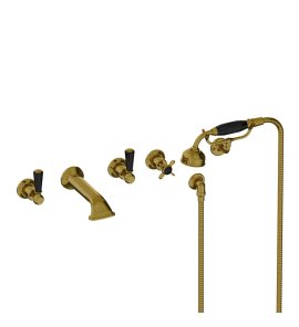 Lefroy Brooks Classic Bateria wannowa 5-otworowa ścienna z zestawem prysznicowym oraz uchwytem Antique Gold BL1247AG