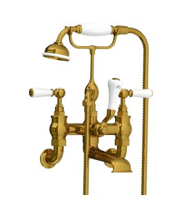 Lefroy Brooks Classic Bateria wannowa ścienna z zestawem prysznicowym Antique Gold WL1166AG