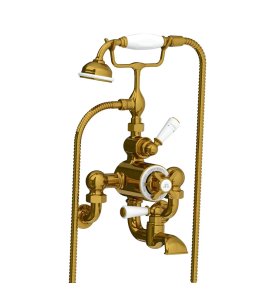 Lefroy Brooks Classic Bateria wannowa termostatyczna 2-otworowa ścienna z zestawem prysznicowym Antique Gold WM/GD8823AG