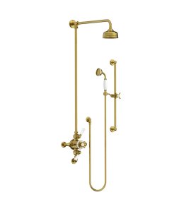 Lefroy Brooks Classic Bateria natryskowa termostatyczna ścienna 2-drożna z deszczownicą Ø 129 mm i zestawem prysznicowym na drążku Polished Brass GD8748PB