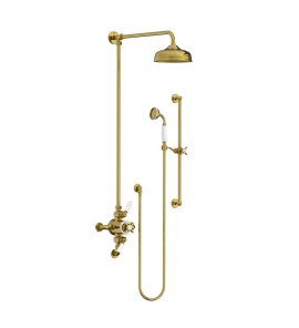 Lefroy Brooks Classic Bateria natryskowa termostatyczna ścienna 2-drożna z deszczownicą Ø 200 mm i zestawem prysznicowym na drążku Polished Brass GD8749PB