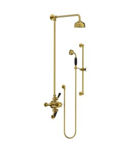Lefroy Brooks Classic Bateria natryskowa termostatyczna ścienna 2-drożna z deszczownicą Ø 129 mm i zestawem prysznicowym na drążku Polished Brass BL8748PB