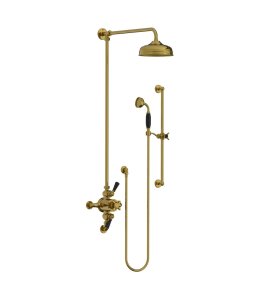 Lefroy Brooks Classic Bateria natryskowa termostatyczna ścienna 2-drożna z deszczownicą Ø 200 mm i zestawem prysznicowym na drążku Antique Gold BL8749AG
