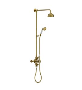 Lefroy Brooks Classic Bateria natryskowa termostatyczna ścienna 2-drożna z deszczownicą Ø 129 mm i zestawem prysznicowym po kolumnie Antique Gold GD8753AG
