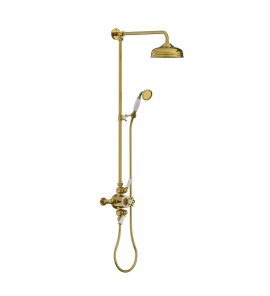 Lefroy Brooks Classic Bateria natryskowa termostatyczna ścienna 2-drożna z deszczownicą Ø 200 mm i zestawem prysznicowym po kolumnie Polished Brass GD8754PB