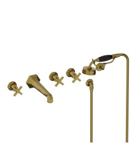 Lefroy Brooks Mackintosh Bateria wannowa 5-otworowa ścienna z zestawem prysznicowym oraz uchwytem Antique Gold MH1247AG