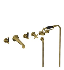 Lefroy Brooks Mackintosh Bateria wannowa 5-otworowa ścienna z zestawem prysznicowym oraz uchwytem Antique Gold MB1247AG