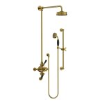 Lefroy Brooks Mackintosh Bateria natryskowa termostatyczna 3-otworowa z deszczownicą Ø 154 mm oraz ze słuchawką na drążku Antique Gold MK8748AG
